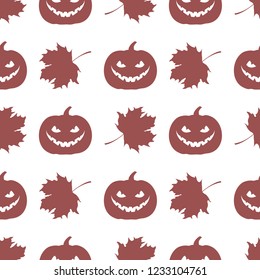 Halloween 2019 vector seamless pattern with pumpkin and maple leaves. Design for party card, wrapping, fabric, print.
