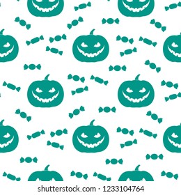 Halloween 2019 vector seamless pattern with pumpkin and candy. Design for party card, wrapping, fabric, print.