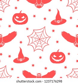 Halloween 2019 vector seamless pattern with cobweb, eagle owl, pumpkin, hat, witch, stars. Design for party card, wrapping, fabric, print.