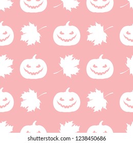 Halloween 2019 vector seamless pattern with pumpkin and maple leaves. Design for party card, wrapping, fabric, print.