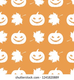 Halloween 2019 vector seamless pattern with pumpkin and maple leaves. Design for party card, wrapping, fabric, print.
