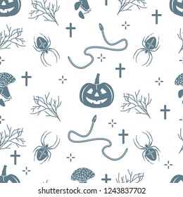 Halloween 2019 vector seamless pattern with pumpkins, branches, spiders, snakes, crosses. Design for decoration, wrapping, greeting cards, web page background, fabric, print.