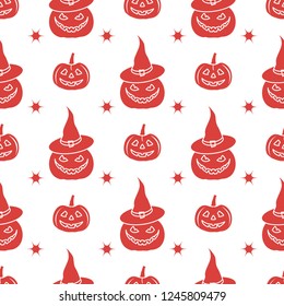 Halloween 2019 vector seamless pattern with pumpkins, witch hat. Design for party card, wrapping, fabric, print.