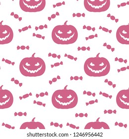 Halloween 2019 vector seamless pattern with pumpkin and candy. Design for party card, wrapping, fabric, print.