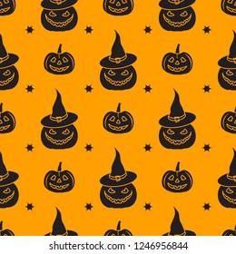 Halloween 2019 vector seamless pattern with pumpkins, witch hat. Design for party card, wrapping, fabric, print.