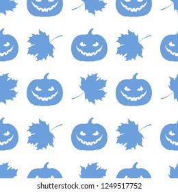 Halloween 2019 vector seamless pattern with pumpkin and maple leaves. Design for party card, wrapping, fabric, print.