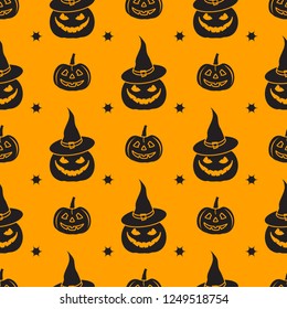 Halloween 2019 vector seamless pattern with pumpkins, witch hat. Design for party card, wrapping, fabric, print.
