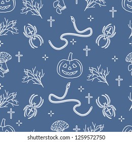 Halloween 2019 vector seamless pattern with pumpkins, branches, spiders, snakes, crosses. Design for decoration, wrapping, greeting cards, web page background, fabric, print.