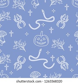 Halloween 2019 vector seamless pattern with pumpkins, branches, spiders, snakes, crosses. Design for decoration, wrapping, greeting cards, web page background, fabric, print.
