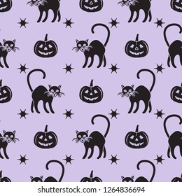 Halloween 2019 vector seamless pattern with pumpkins and witch cats. Design for party card, wrapping, fabric, print.