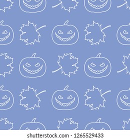 Halloween 2019 vector seamless pattern with pumpkin and maple leaves. Design for party card, wrapping, fabric, print.