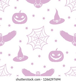 Halloween 2019 vector seamless pattern with cobweb, eagle owl, pumpkin, hat, witch, stars. Design for party card, wrapping, fabric, print.