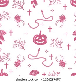 Halloween 2019 vector seamless pattern with pumpkins, branches, spiders, snakes, crosses. Design for decoration, wrapping, greeting cards, web page background, fabric, print.