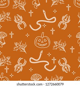 Halloween 2019 vector seamless pattern with pumpkins, branches, spiders, snakes, crosses. Design for decoration, wrapping, greeting cards, web page background, fabric, print.