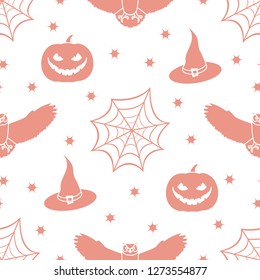 Halloween 2019 vector seamless pattern with cobweb, eagle owl, pumpkin, hat, witch, stars. Design for party card, wrapping, fabric, print.