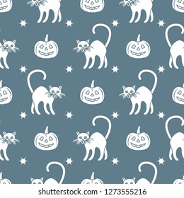 Halloween 2019 vector seamless pattern with pumpkins and witch cats. Design for party card, wrapping, fabric, print.