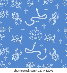 Halloween 2019 vector seamless pattern with pumpkins, branches, spiders, snakes, crosses. Design for decoration, wrapping, greeting cards, web page background, fabric, print.