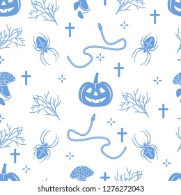Halloween 2019 vector seamless pattern with pumpkins, branches, spiders, snakes, crosses. Design for decoration, wrapping, greeting cards, web page background, fabric, print.