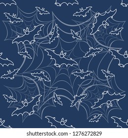 Halloween 2019 vector seamless pattern with web and bat. Design for party card, wrapping, fabric, print.