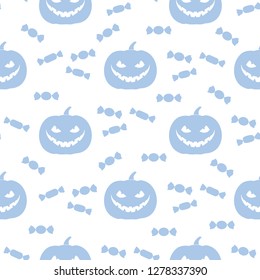 Halloween 2019 vector seamless pattern with pumpkin and candy. Design for party card, wrapping, fabric, print.