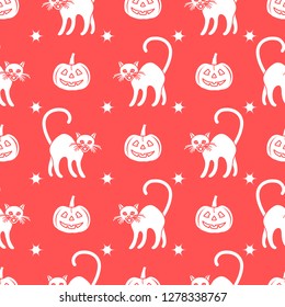 Halloween 2019 vector seamless pattern with pumpkins and witch cats. Design for party card, wrapping, fabric, print.