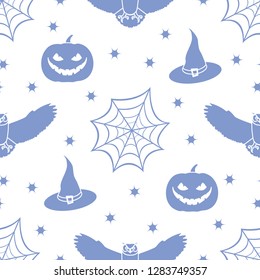 Halloween 2019 vector seamless pattern with cobweb, eagle owl, pumpkin, hat, witch, stars. Design for party card, wrapping, fabric, print.
