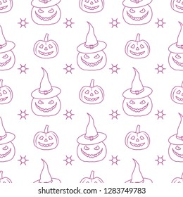 Halloween 2019 vector seamless pattern with pumpkins, witch hat. Design for party card, wrapping, fabric, print.
