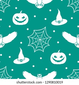 Halloween 2019 vector seamless pattern with cobweb, eagle owl, pumpkin, hat, witch, stars. Design for party card, wrapping, fabric, print.