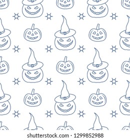 Halloween 2019 vector seamless pattern with pumpkins, witch hat. Design for party card, wrapping, fabric, print.