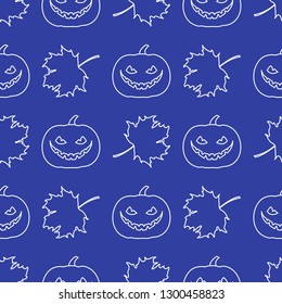Halloween 2019 vector seamless pattern with pumpkin and maple leaves. Design for party card, wrapping, fabric, print.