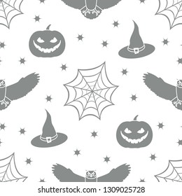 Halloween 2019 vector seamless pattern with cobweb, eagle owl, pumpkin, hat, witch, stars. Design for party card, wrapping, fabric, print.