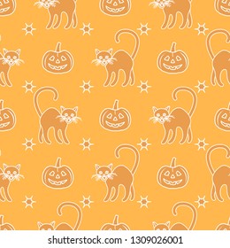 Halloween 2019 vector seamless pattern with pumpkins and witch cats. Design for party card, wrapping, fabric, print.