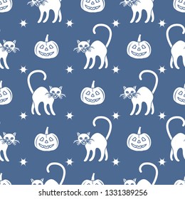 Halloween 2019 vector seamless pattern with pumpkins and witch cats. Design for party card, wrapping, fabric, print.