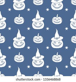 Halloween 2019 vector seamless pattern with pumpkins, witch hat. Design for party card, wrapping, fabric, print.