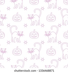 Halloween 2019 vector seamless pattern with pumpkins and witch cats. Design for party card, wrapping, fabric, print.