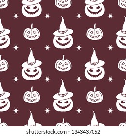 Halloween 2019 vector seamless pattern with pumpkins, witch hat. Design for party card, wrapping, fabric, print.