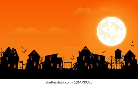 Halloween 2020. City panorama in halloween style. Scary halloween isolated background. Orange and yellow background. Vector illustration.