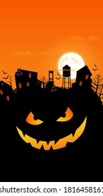 Halloween 2020. City panorama in halloween style. Scary halloween isolated background. Orange and yellow background. Halloween vertical poster. Vector illustration.