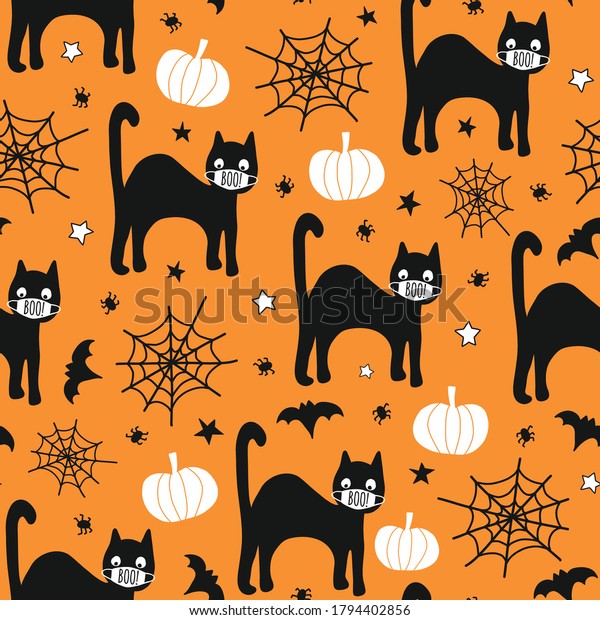 ハロウィンコロナウイルス柄の黒い猫で 顔にマスク バット クモのシームレスなベクター画像の繰り返し背景に 布地 フェイスマスク カード パーティー招待用のかわいい手描きのコロナキッズイラスト のベクター画像素材 ロイヤリティフリー