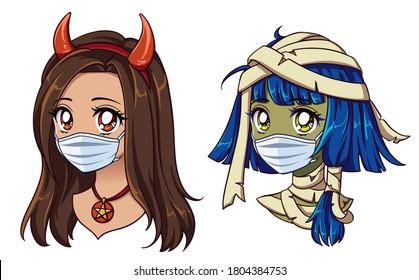 Halloween 2020 kawaii devil and mummy girls wearing medical mask to protect themselves from covid-19. Hand drawn vector avatars. Isolated on white background.