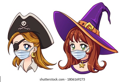 Halloween 2020 kawaii pirate and witch wearing medical mask to protect themselves from covid-19. Hand drawn vector avatars. Isolated on white background.