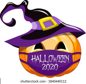 Halloween 2020 Pumpkin Vector Pumpkins mit Gesichtsmasken Hexenhut tragen . Covid-19 Virus zu Halloween 2020 Dekoration, Einladungen, Grußkarten, Gesichtsmaske