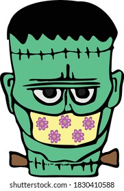 A Halloween 2020 themed hand drawn vector showing a zombie wearing a flower pattern face mask due to ongoing COVID-19 pandemic. The green faced cartoon monster has a frowning and worried look.