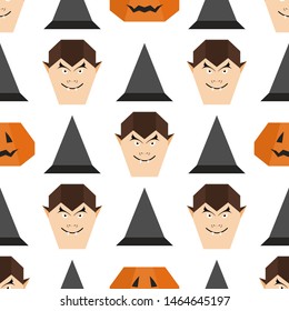 Halloween 2020. Vector seamless pattern with origami vampire face, witch hat, pumpkin. Design for party card, wrapping, fabric, print.