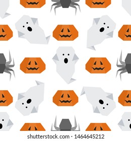 Halloween 2020. Vector seamless pattern with origami spider, ghost, pumpkin. Design for party card, wrapping, fabric, print.