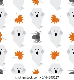 Halloween 2020. Vector seamless pattern with origami spider, ghost, maple leaf. Design for party card, wrapping, fabric, print.