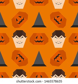 Halloween 2020. Vector seamless pattern with origami vampire face, witch hat, pumpkin. Design for party card, wrapping, fabric, print.