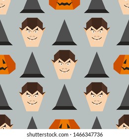 Halloween 2020. Vector seamless pattern with origami vampire face, witch hat, pumpkin. Design for party card, wrapping, fabric, print.