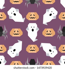 Halloween 2020. Vector seamless pattern with origami spider, ghost, pumpkin. Design for party card, wrapping, fabric, print.