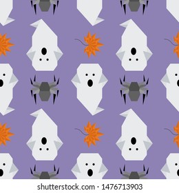 Halloween 2020. Vector seamless pattern with origami spider, ghost, maple leaf. Design for party card, wrapping, fabric, print.